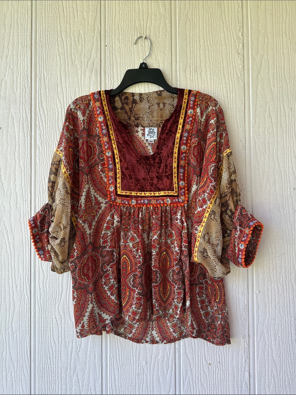 Ivy Jane Paisley Velvet-Trim Oversized Blouse